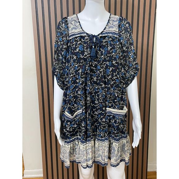 Free People Penny Lane Women's XS Blue Dress Poylester Shift Boho Paisley Ruffle - Picture 1 of 8
